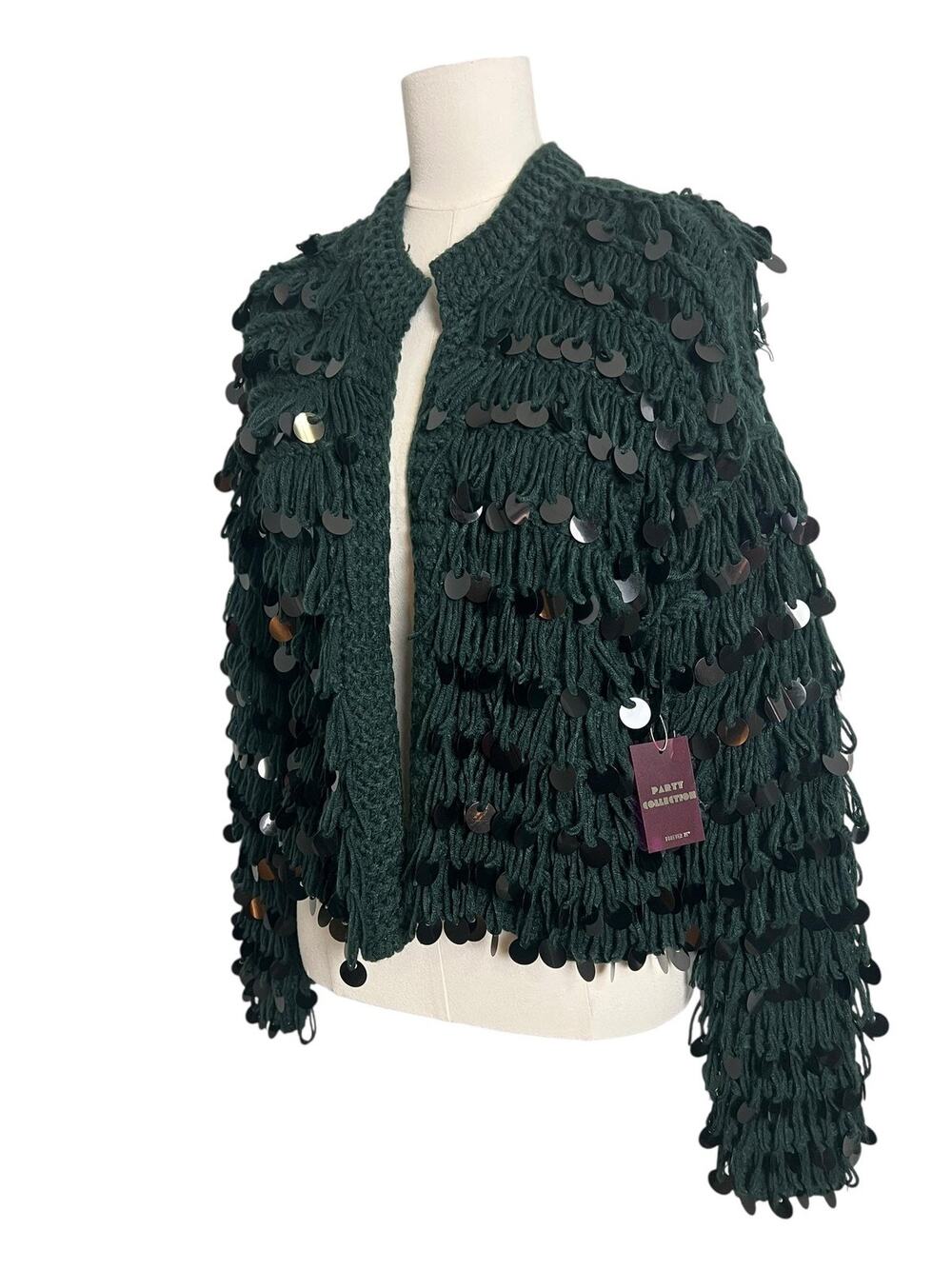 Forever 21 Cardigan Sweater Womens Small Hunter Green Sequin Chunky Knit Open